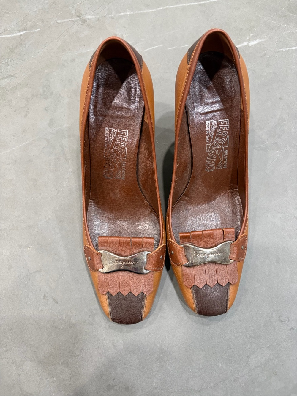 Salvatore Ferragamo Tan and Brown Leather Block Heel Pump - Picture 12 of 14